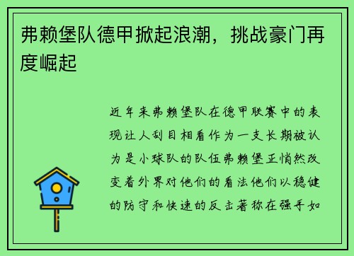 弗赖堡队德甲掀起浪潮，挑战豪门再度崛起