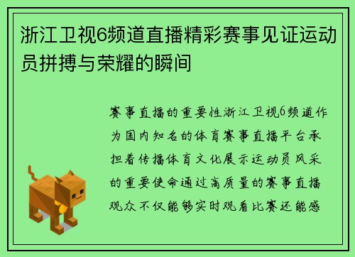 浙江卫视6频道直播精彩赛事见证运动员拼搏与荣耀的瞬间